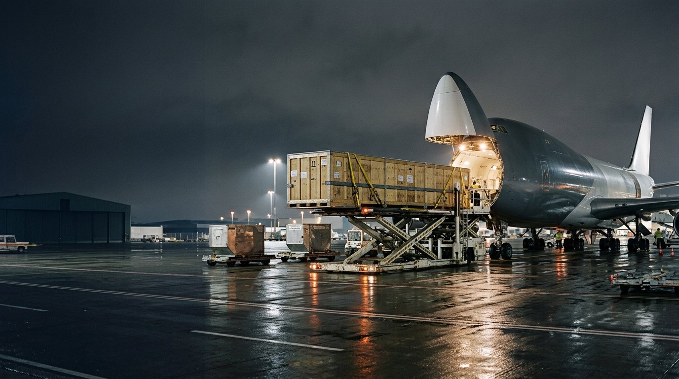 A long crate aligned with the raised nose door of a freighter aircraft at night.