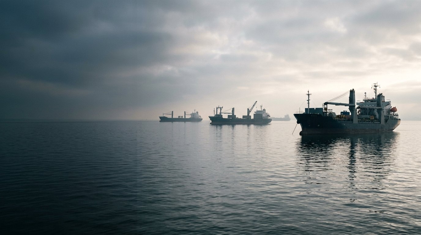 Several heavy-lift vessels at anchor in a roadstead at dawn.