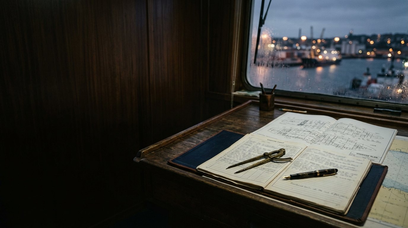 A charter party and stowage plan on a chart table, harbour lights beyond.