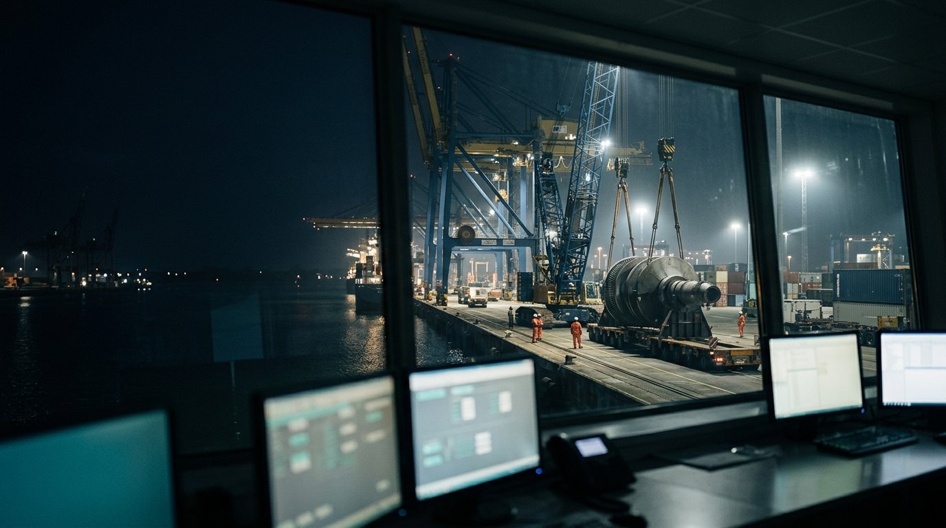 A heavy-lift discharge under floodlights seen from a port operations room at night.