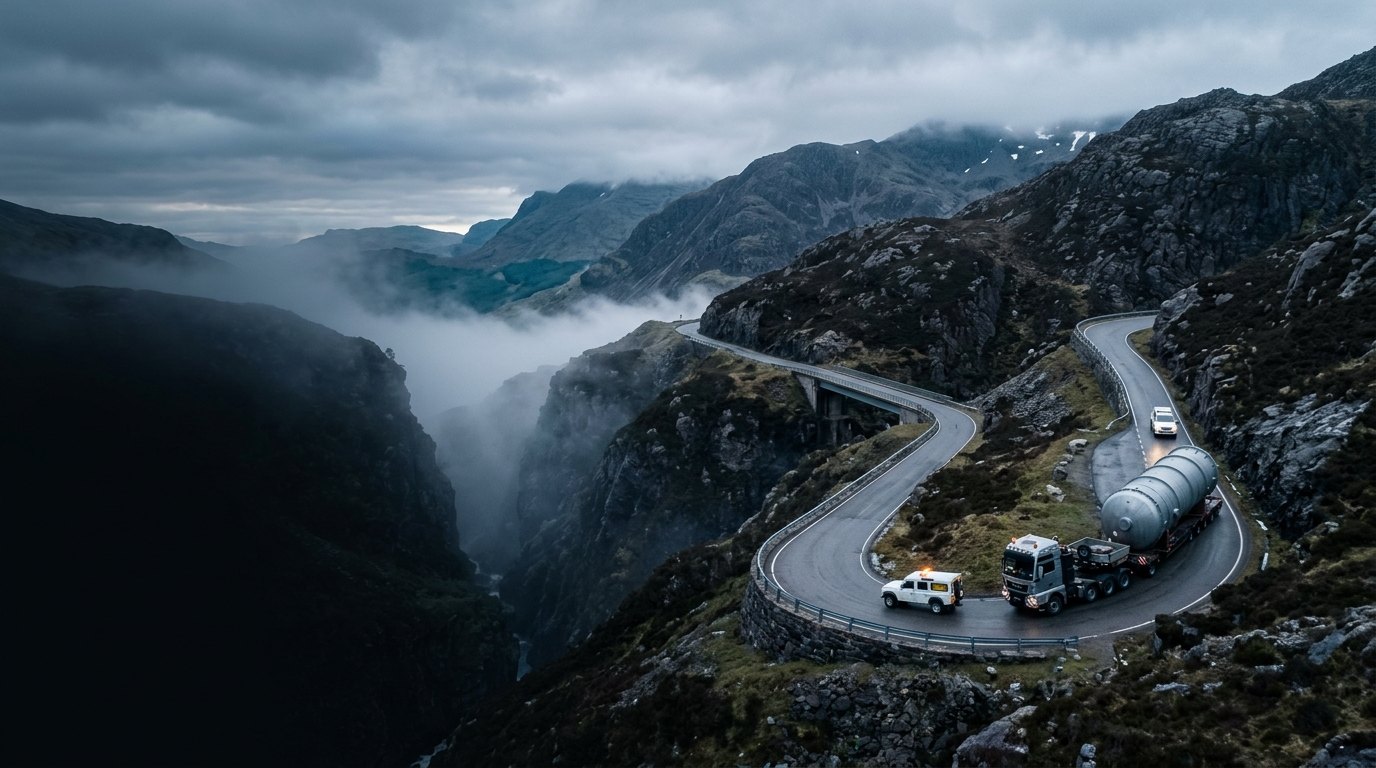 Un convoy de carga pesada acercándose a un puente angosto de montaña, desde el aire.