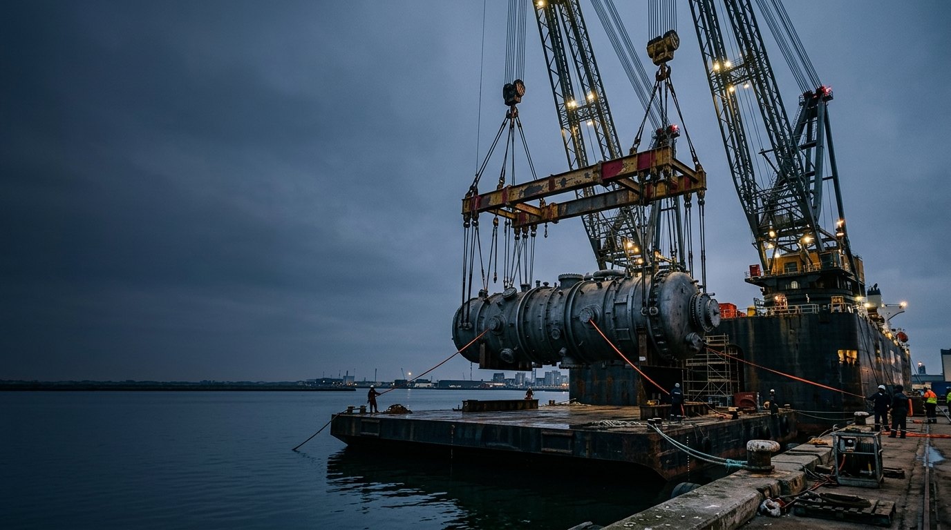 Two ship cranes lifting a reactor in tandem from a barge at dusk.