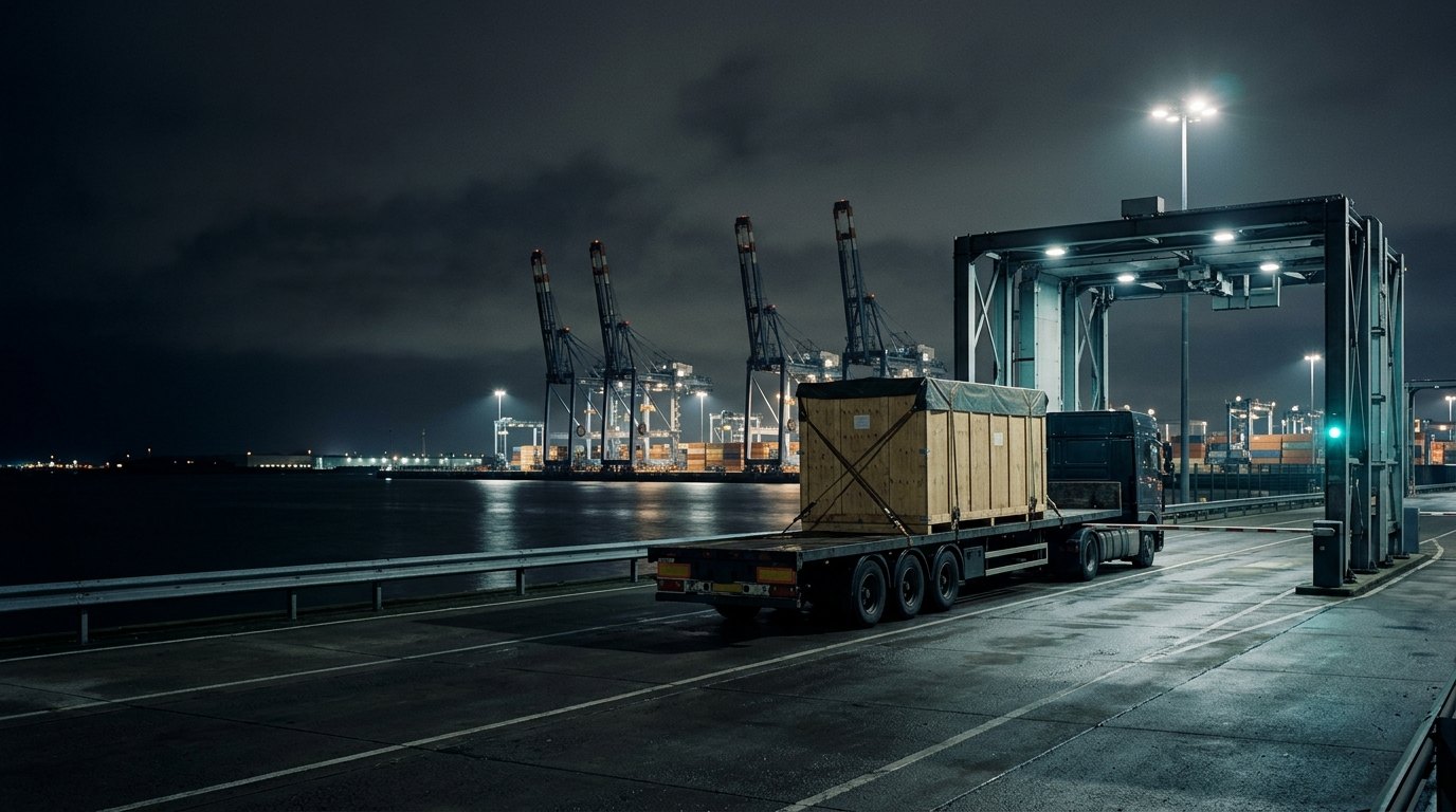 Un cajón de proyecto esperando en el pórtico escáner de una terminal, de noche.