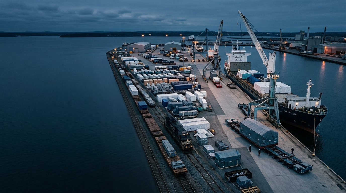 A breakbulk terminal at blue hour with a heavy-lift vessel, laydown yard, trailers and rail siding.