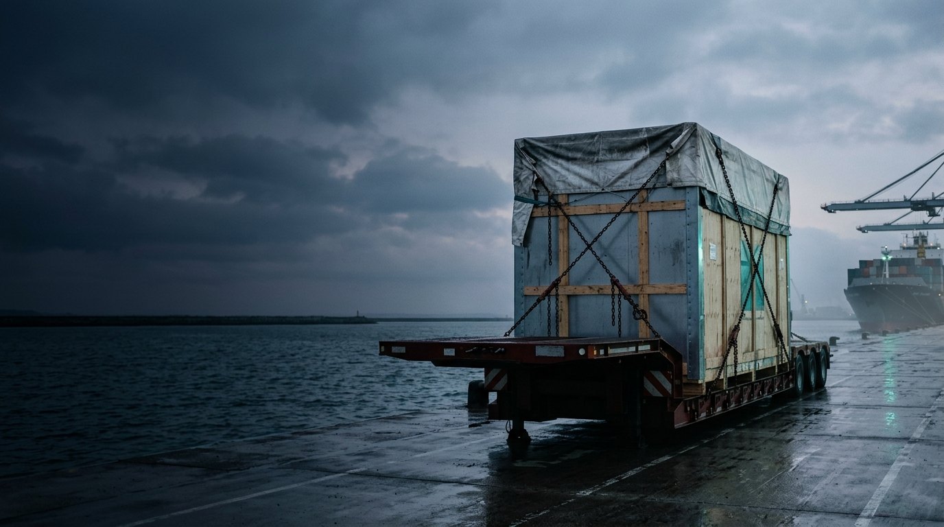 A large crated cargo on a trailer, alone on a wet quay at dusk.