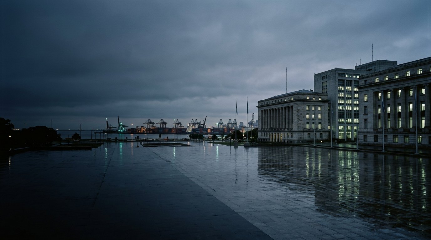 A government district at dusk, a port on the horizon.
