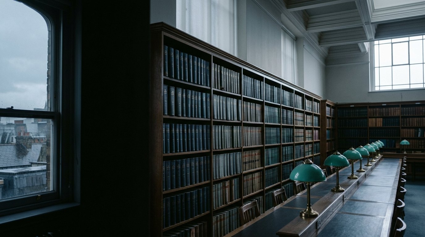 An empty legal library with green-shaded lamps.