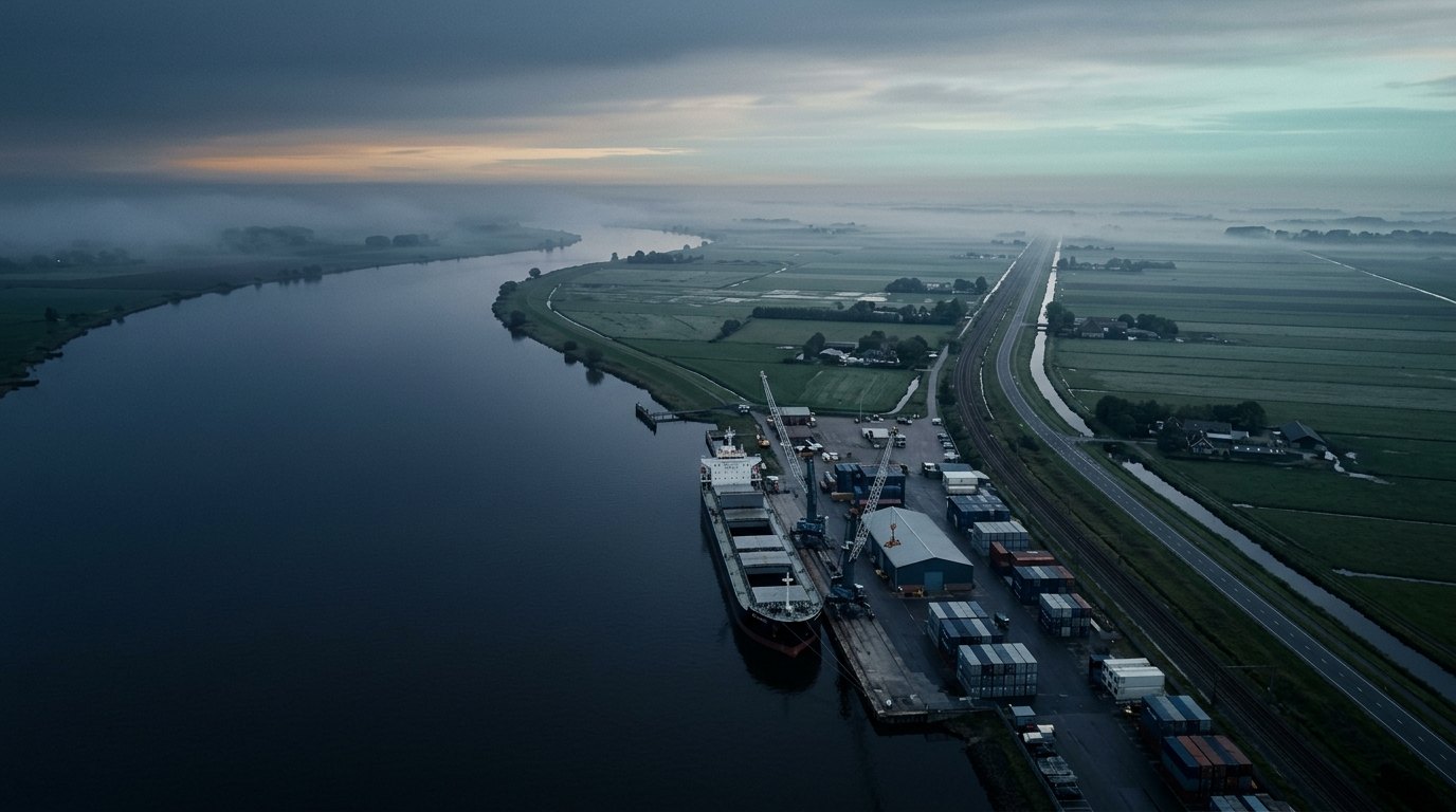 A river port and the road and railway leading inland, from the air at dawn.