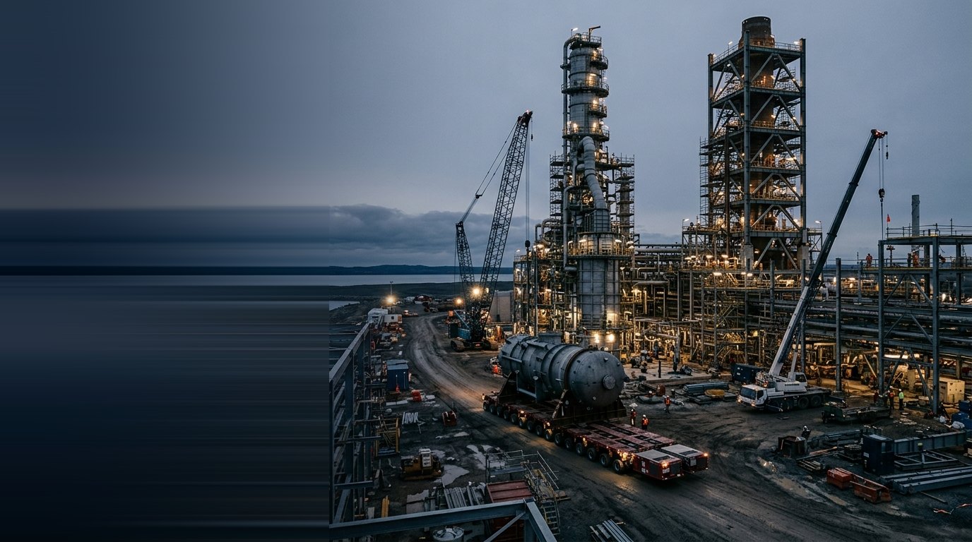 An industrial plant under construction at dusk, a module arriving by road.