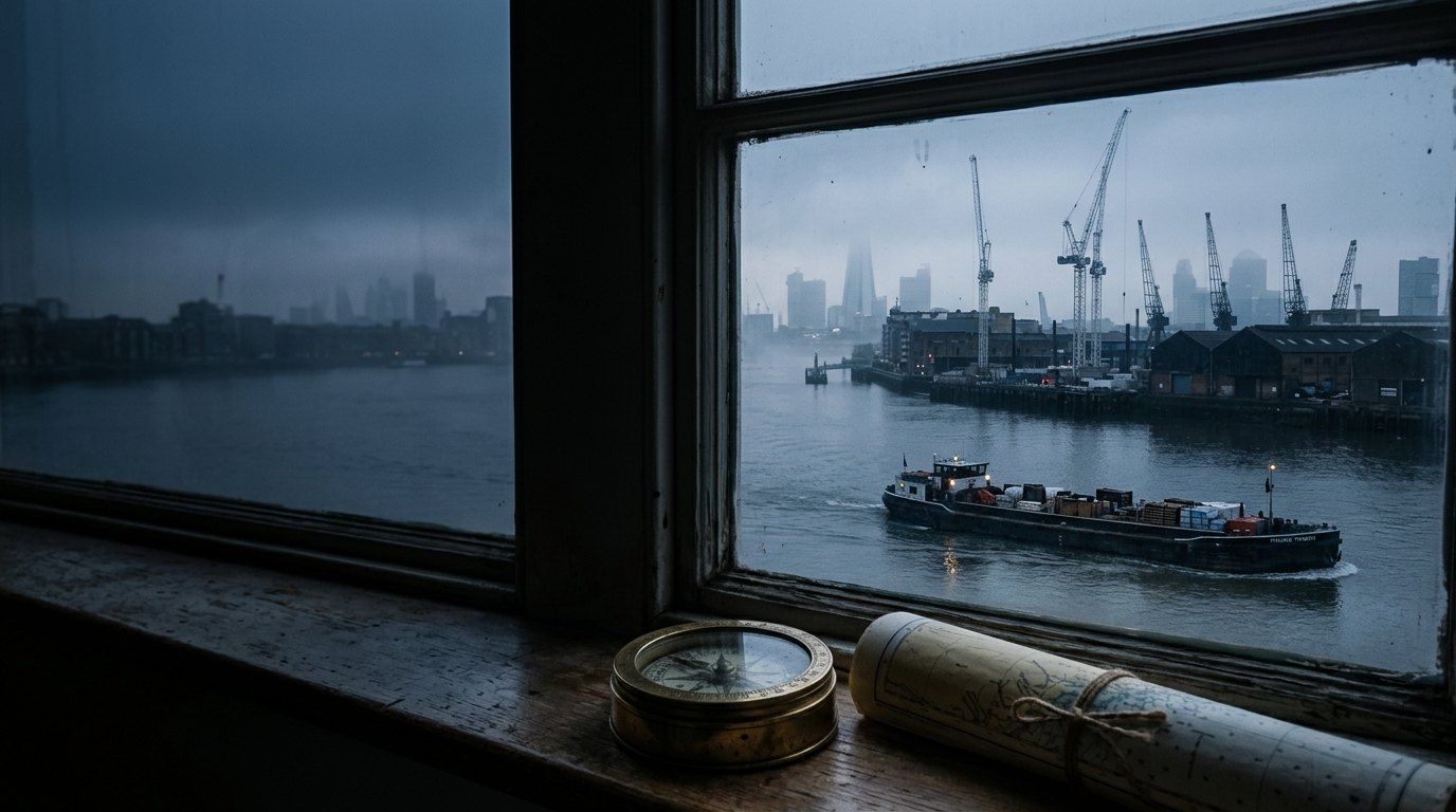 The Thames at dawn from an office window, a brass compass on the sill.