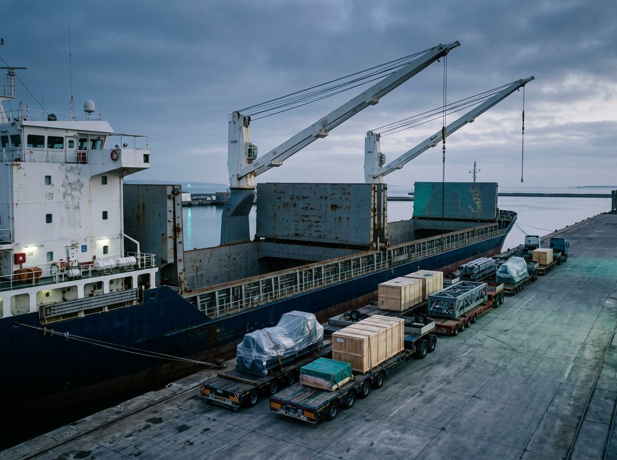 Un buque heavy-lift amarrado con las escotillas abiertas, project cargo esperando en el muelle.
