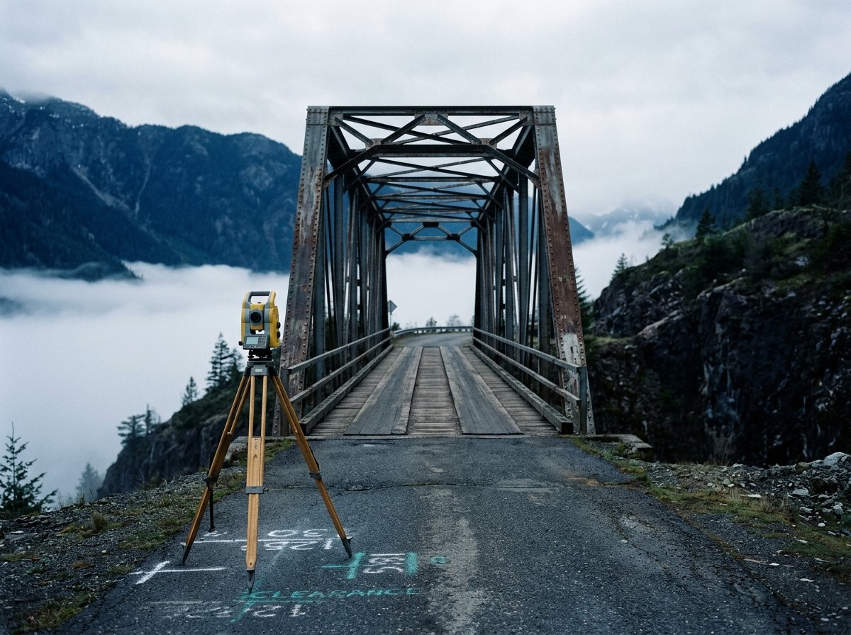 Una estación total apuntada a un puente de montaña antes de que lo cruce una carga sobredimensionada.