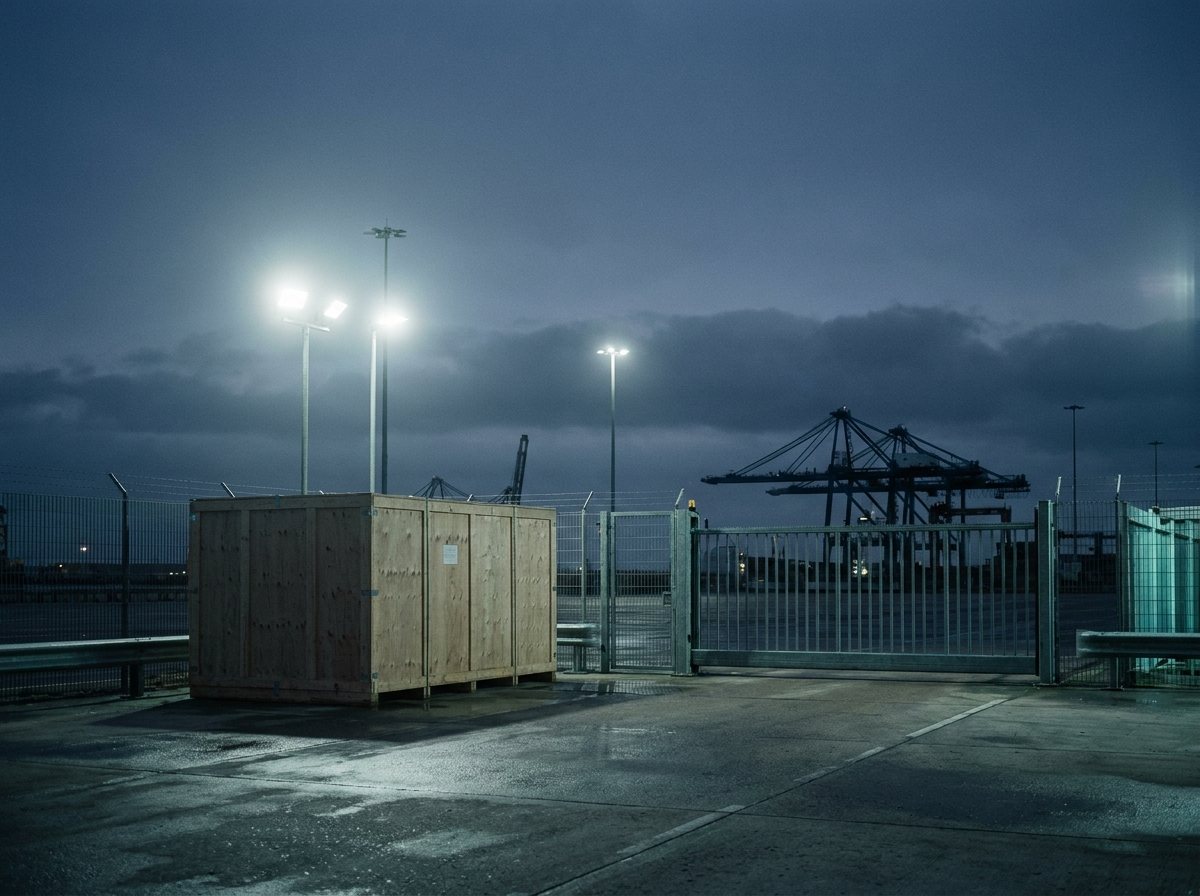 Un cajón de proyecto en la dársena de inspección de una terminal, al atardecer.
