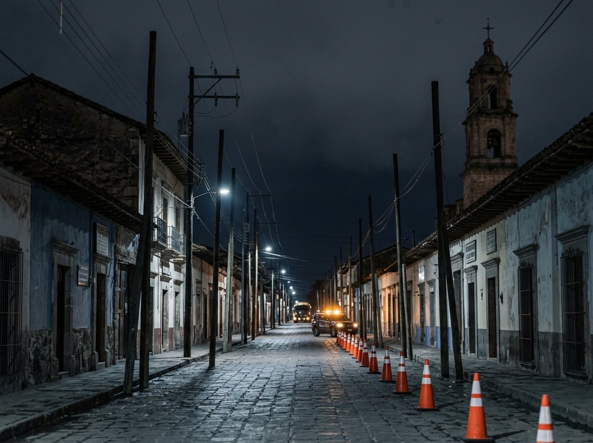 La calle principal de un pueblo de noche, con las líneas aéreas levantadas para un convoy.