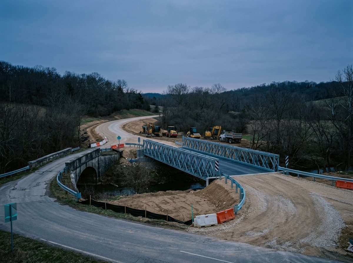 Un puente provisorio de acero y un desvío de ripio construidos junto a un puente vial viejo.