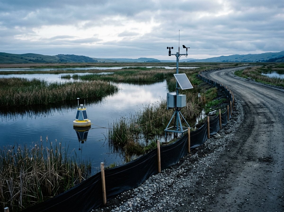 Una estación de monitoreo ambiental en un humedal junto a un camino de carga.