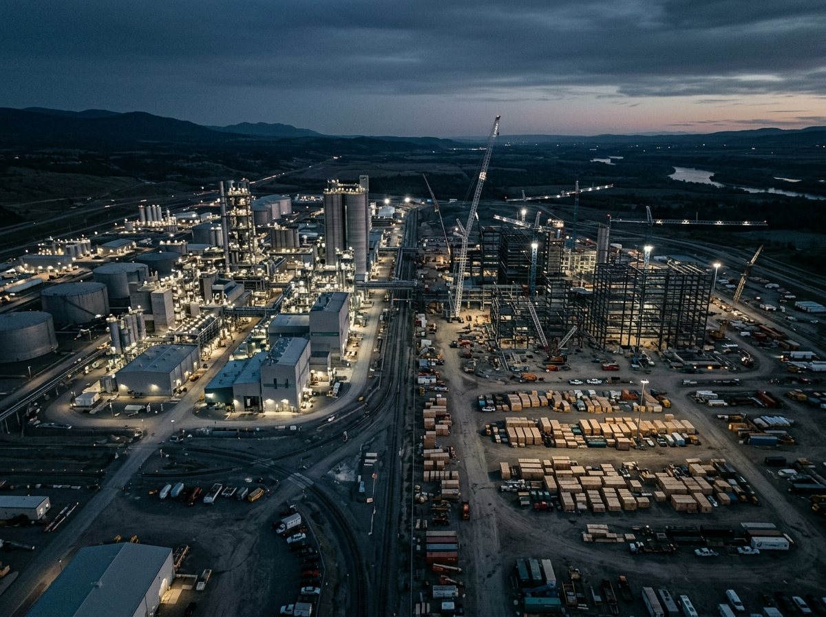 Una planta grande en construcción al atardecer, secciones terminadas junto a otras sin terminar.