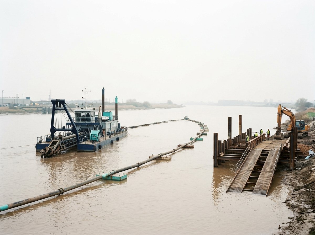 Una draga profundizando un canal junto a un desembarcadero temporario en construcción.
