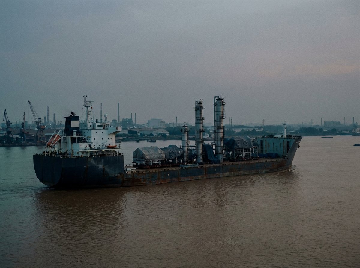 Módulos de refinería en la cubierta de un buque heavy-lift sobre un río, al atardecer.