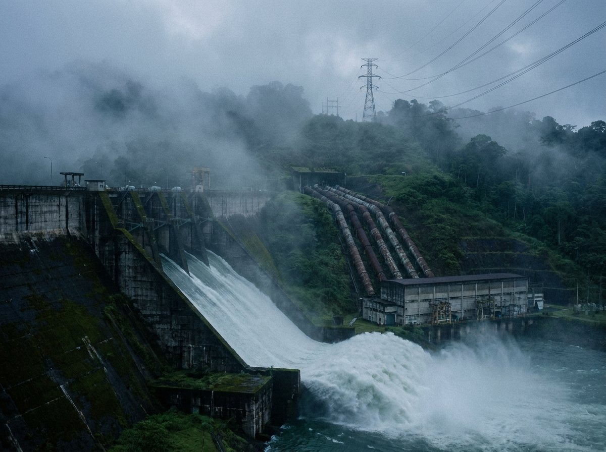 Una represa hidroeléctrica entre la bruma de la selva.