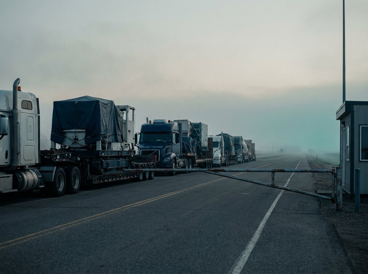 Trucks with oversized cargo waiting at a border crossing at dawn.
