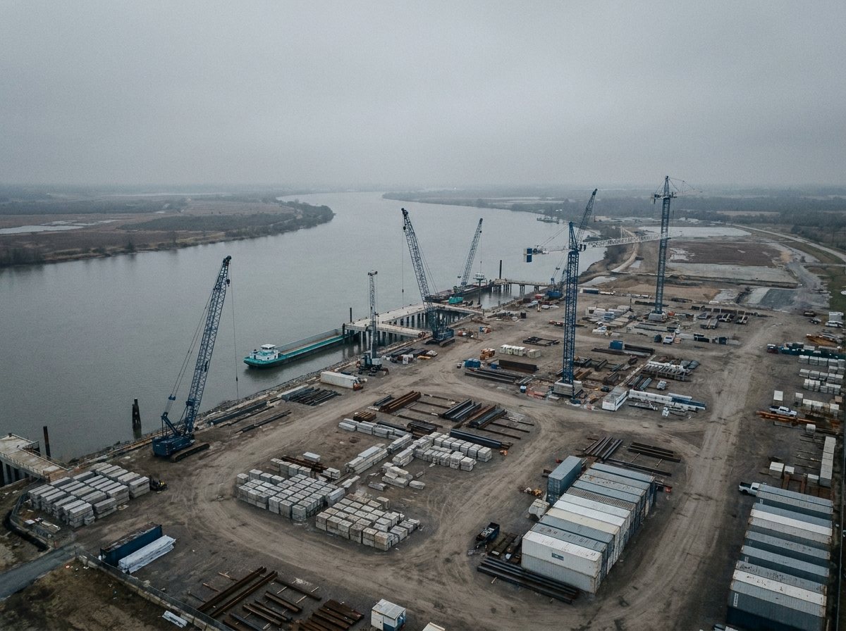 A port and industrial site under construction, from the air.
