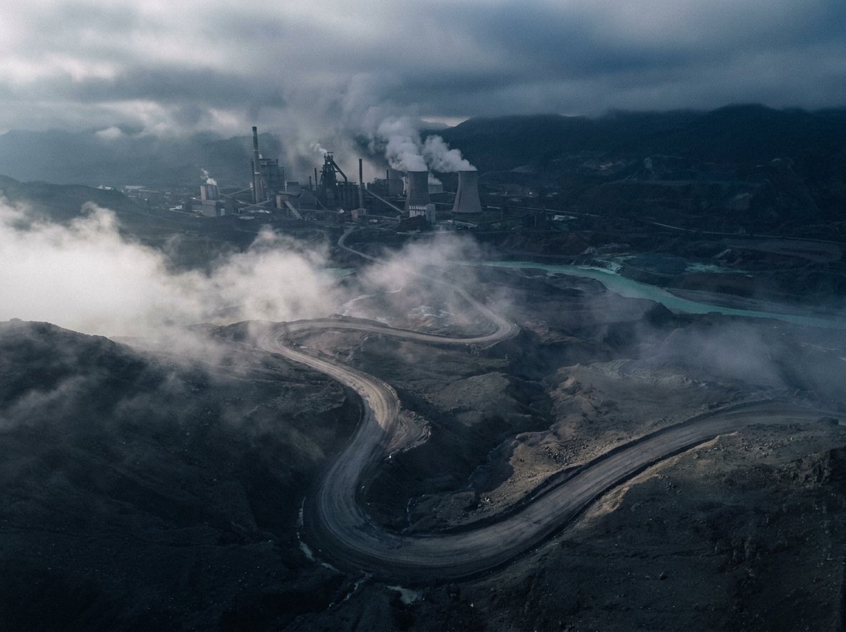 A heavy-haul road winding towards a remote plant site.