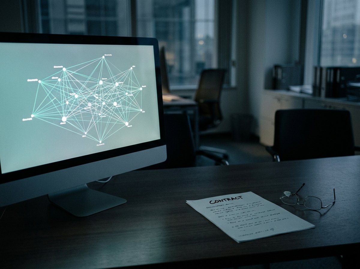 A monitor with a graph of linked documents beside an annotated printed contract.