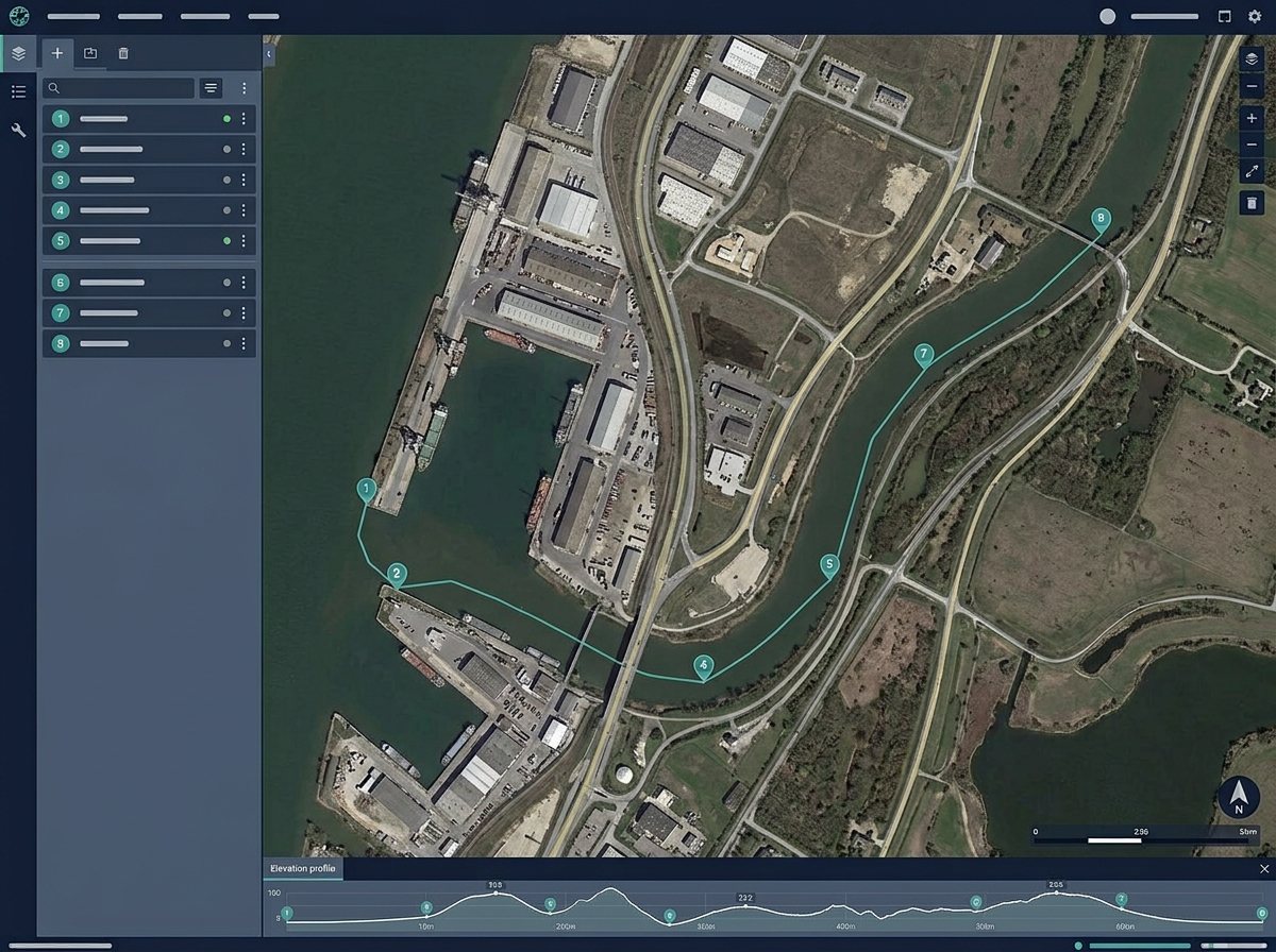 Screenshot of route-planning software: a port and its inland corridor on satellite imagery, eight waypoints along the route.
