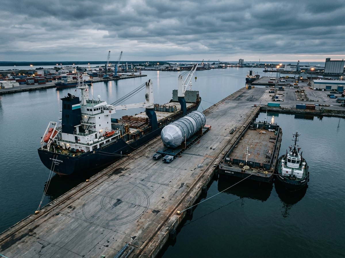 One large cargo on a quay between a heavy-lift ship and a deck barge.