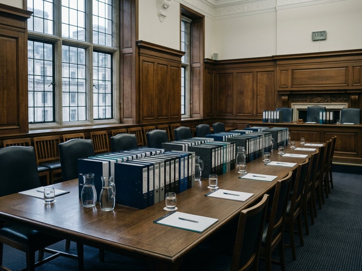 An empty arbitration hearing room with document bundles on the table.