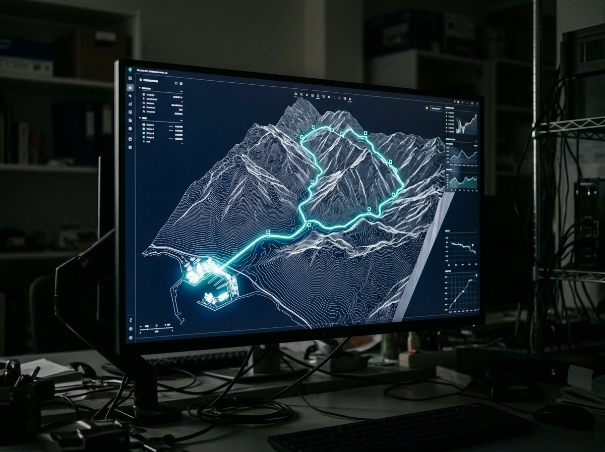 A topographic map with a route traced inland from a port.