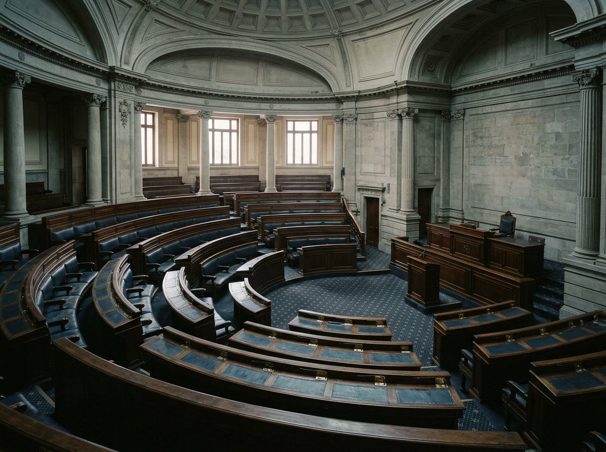 An empty congress chamber under a domed ceiling.