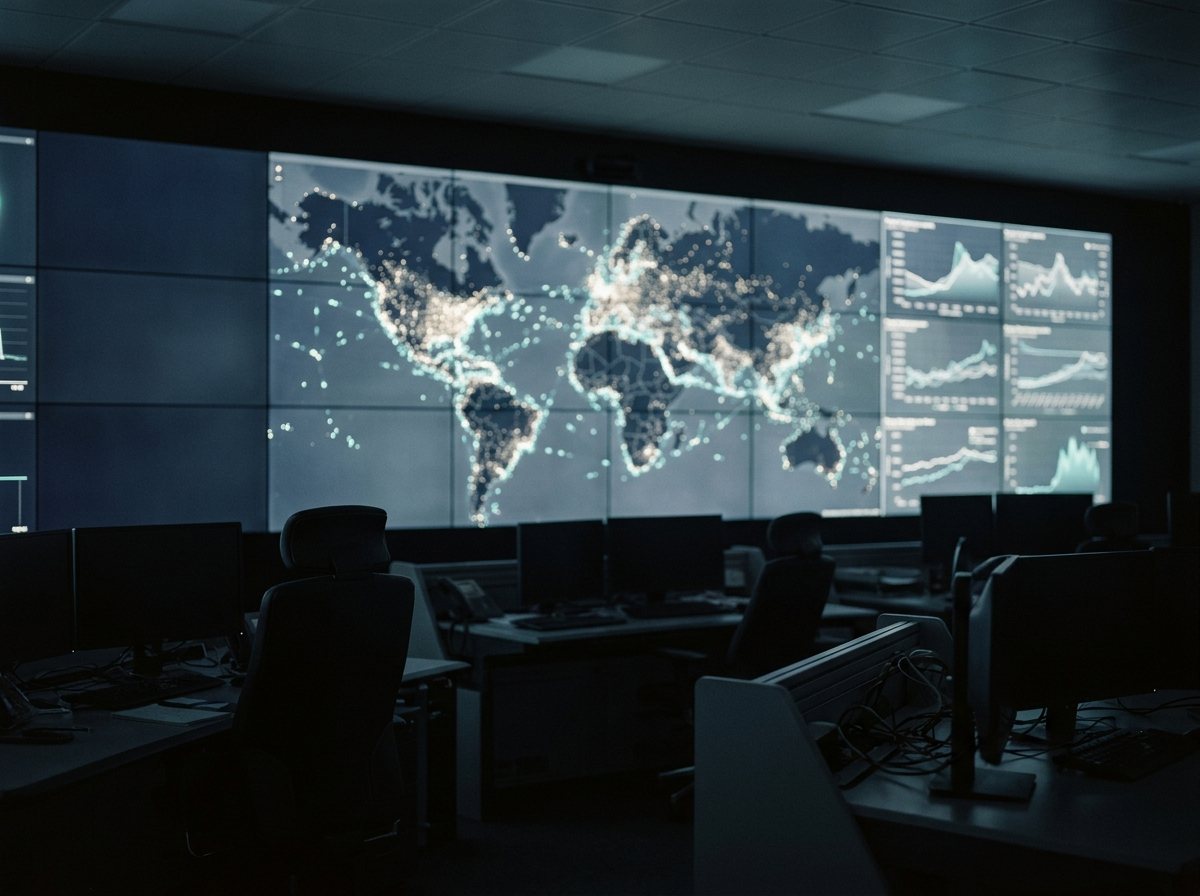 Screens showing vessel positions on a world map and freight curves.