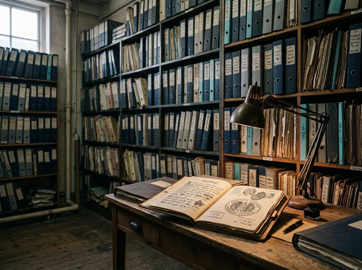 Bound permit files in a customs archive, one open under a lamp.