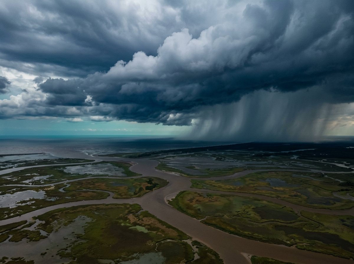 A storm front over a river delta, from the air.