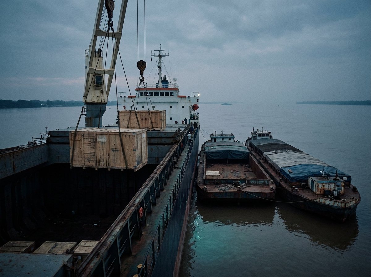 Cement-plant equipment lowered into a ship's hold on a river.
