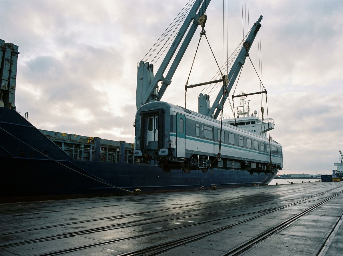 A railway passenger car lifted by a ship's cranes over a quay.