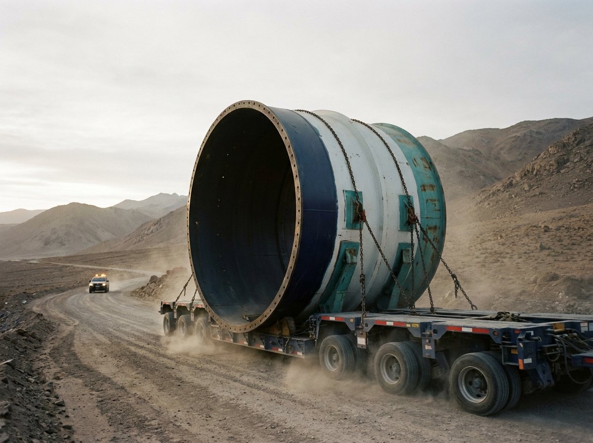 A mill shell segment on a modular trailer on a mountain desert road.
