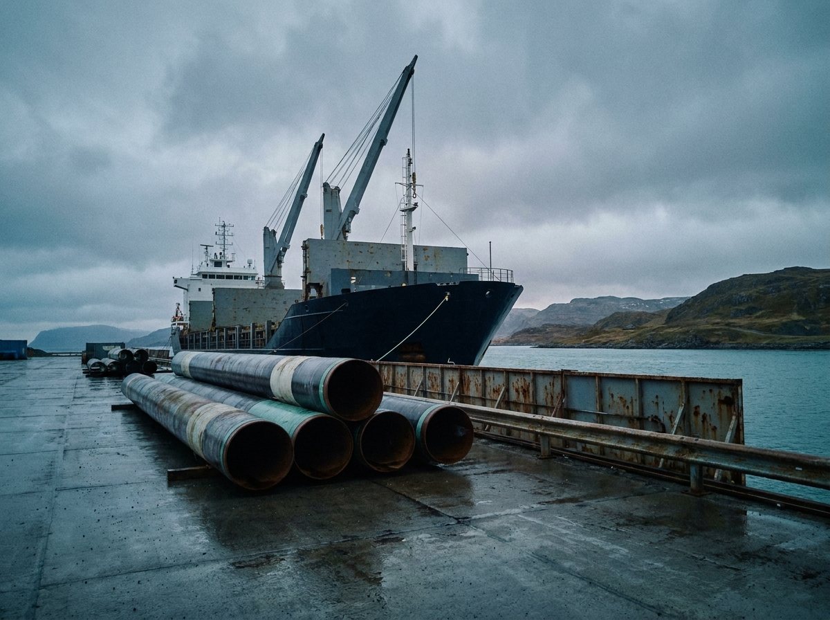 Coated steel line pipe stacked on a quay beside a multipurpose vessel.