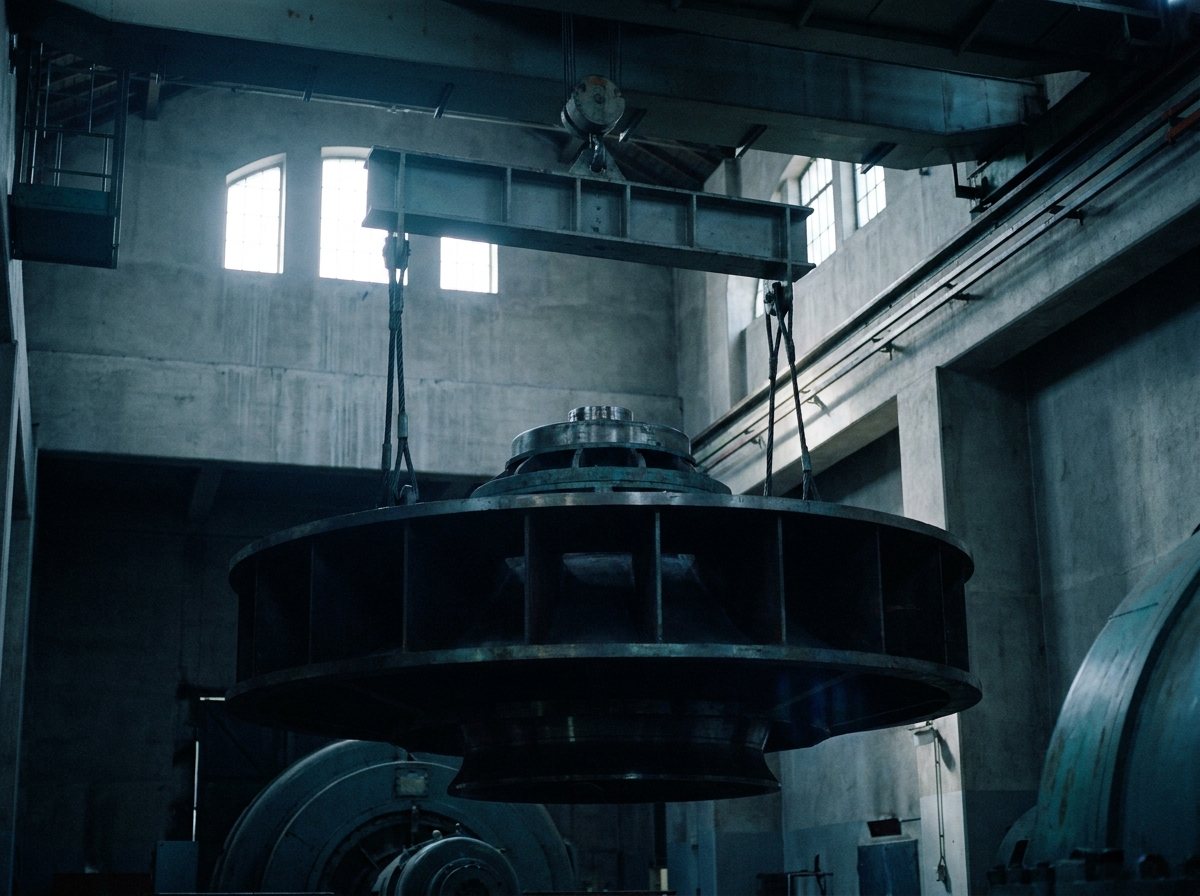 A Francis turbine runner hanging from a spreader beam in a powerhouse.