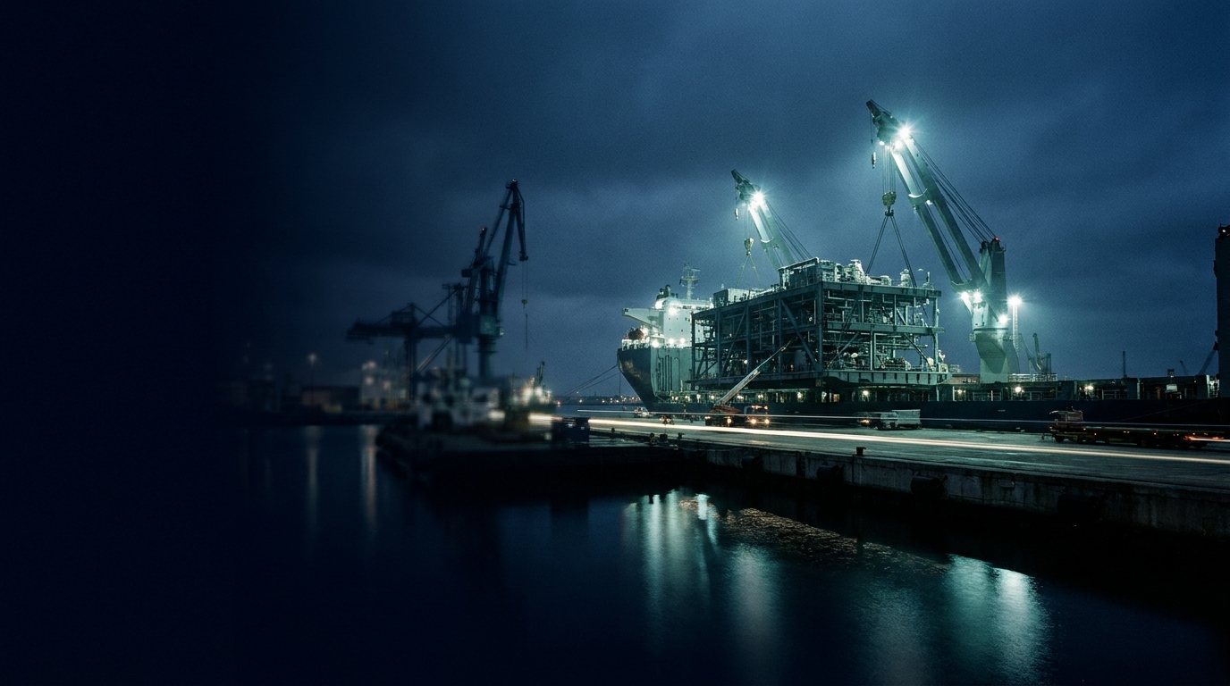 A heavy-lift vessel discharging a module at night.